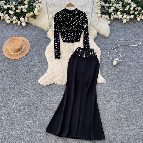 Beaded T-shirt & Hip-wrapping Skirt 2Pcs