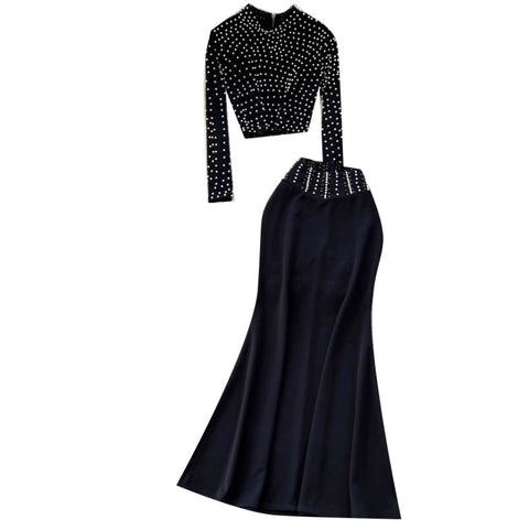 Beaded T-shirt & Hip-wrapping Skirt 2Pcs