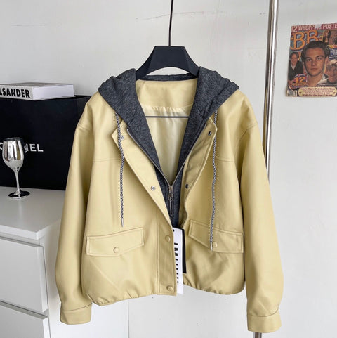 Faux Two-pieces Patchwork Hooded Jacket