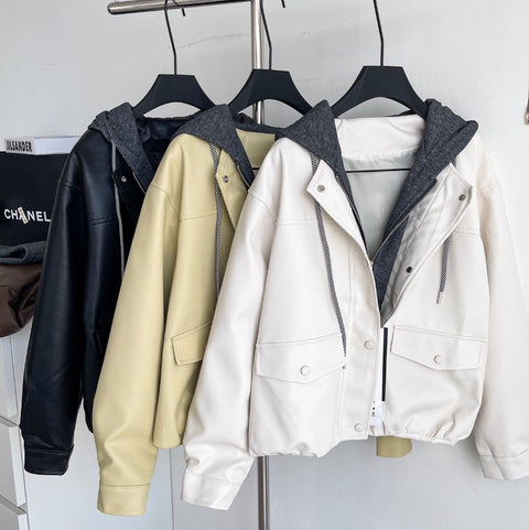 Faux Two-pieces Patchwork Hooded Jacket