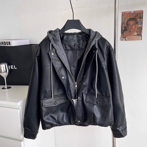 Faux Two-pieces Patchwork Hooded Jacket