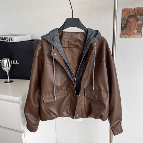 Faux Two-pieces Patchwork Hooded Jacket