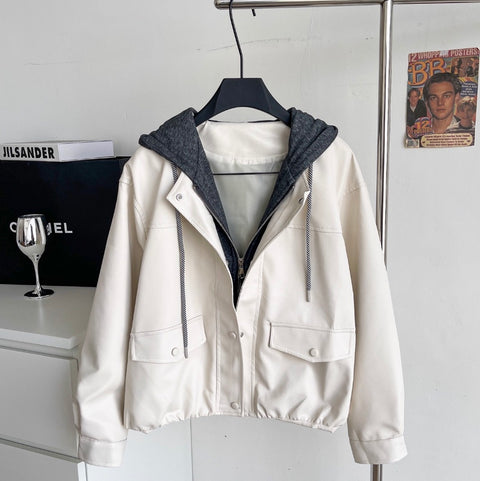 Faux Two-pieces Patchwork Hooded Jacket