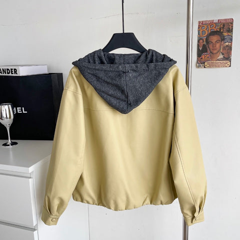 Faux Two-pieces Patchwork Hooded Jacket