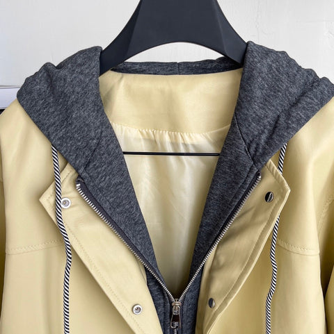 Faux Two-pieces Patchwork Hooded Jacket