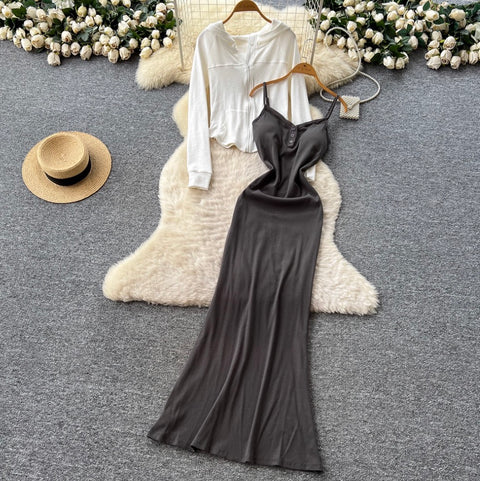 Hoodie & Slim-fit Slip Dress 2Pcs