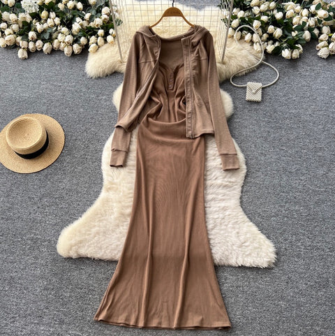 Hoodie & Slim-fit Slip Dress 2Pcs