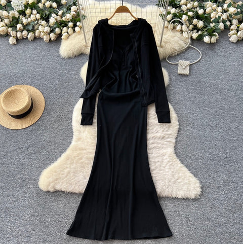 Hoodie & Slim-fit Slip Dress 2Pcs