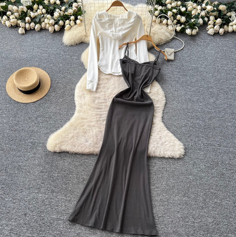 Hoodie & Slim-fit Slip Dress 2Pcs