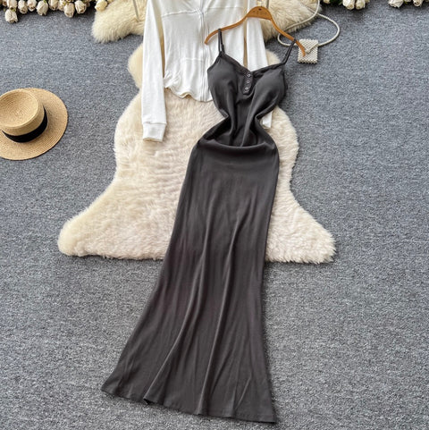 Hoodie & Slim-fit Slip Dress 2Pcs