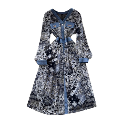 Premium Print Denim Patchwork Dress