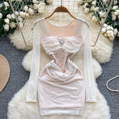 Square Neckline Rhinestone Studded Dress