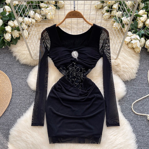Square Neckline Rhinestone Studded Dress