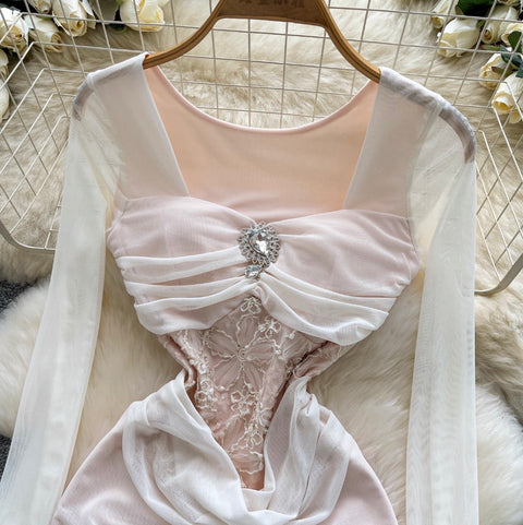 Square Neckline Rhinestone Studded Dress