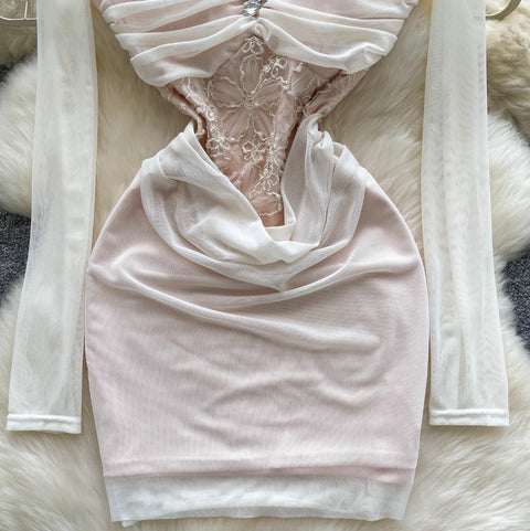 Square Neckline Rhinestone Studded Dress