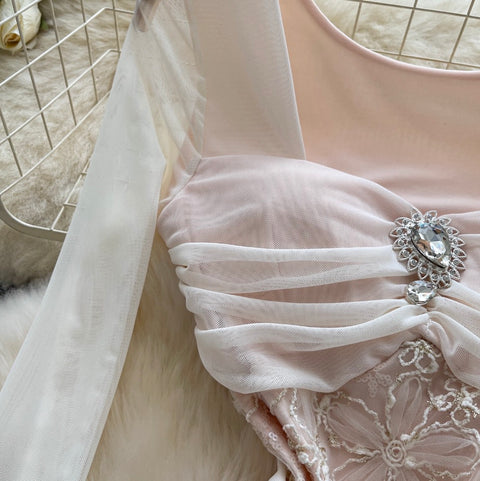 Square Neckline Rhinestone Studded Dress