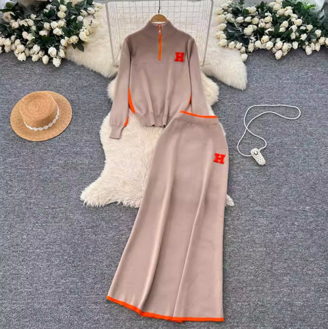 Zipped Sweater & Slim Skirt 2Pcs
