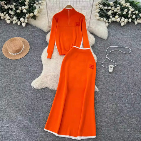 Zipped Sweater & Slim Skirt 2Pcs