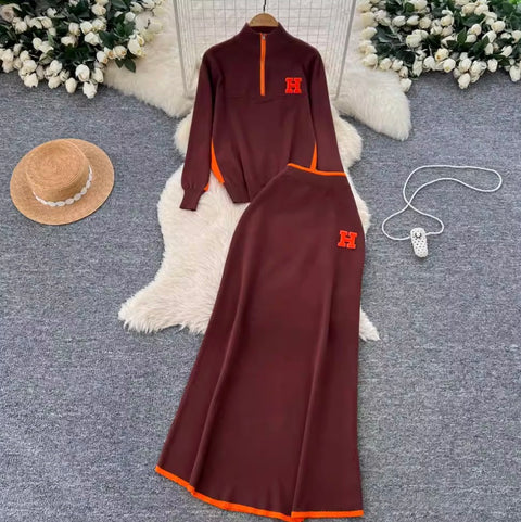 Zipped Sweater & Slim Skirt 2Pcs