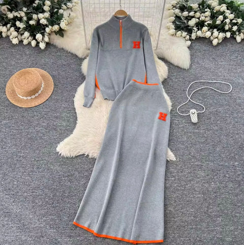 Zipped Sweater & Slim Skirt 2Pcs