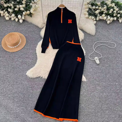 Zipped Sweater & Slim Skirt 2Pcs