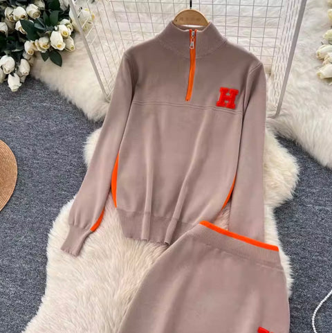 Zipped Sweater & Slim Skirt 2Pcs