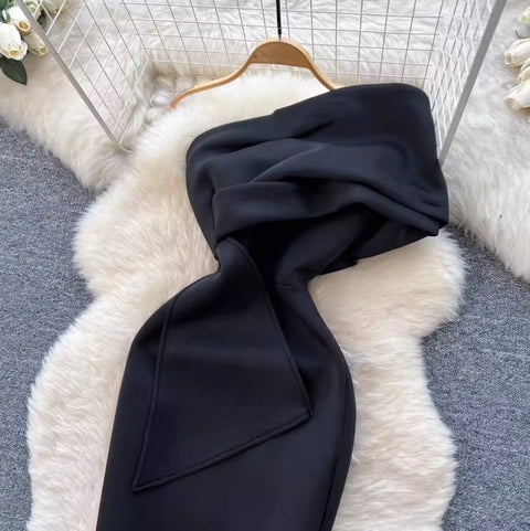 Slant Neckline Split Black Dress