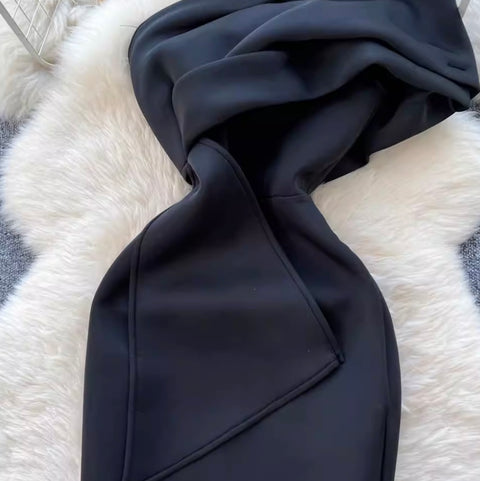 Slant Neckline Split Black Dress