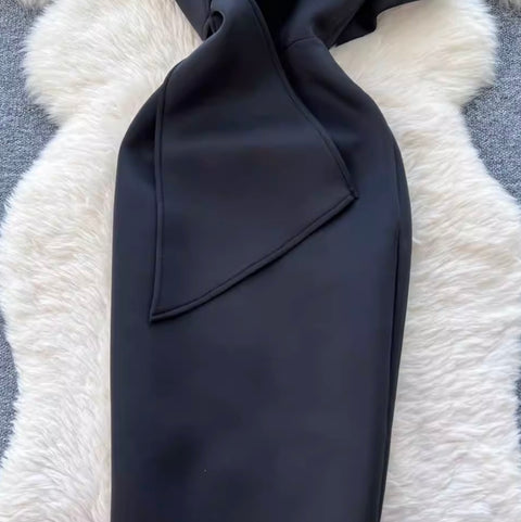 Slant Neckline Split Black Dress