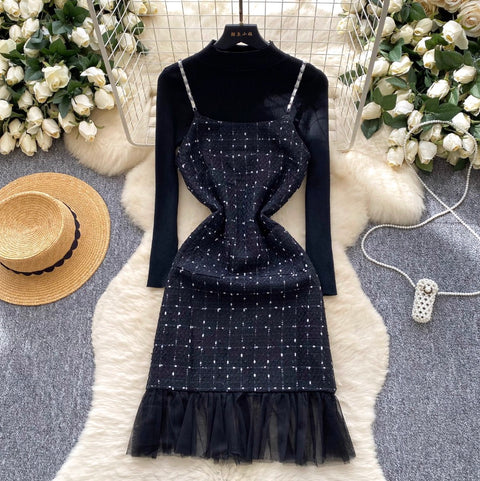 Mesh Patchwork Slip Dress & Sweater 2Pcs