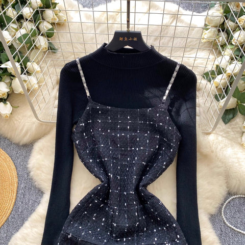 Mesh Patchwork Slip Dress & Sweater 2Pcs