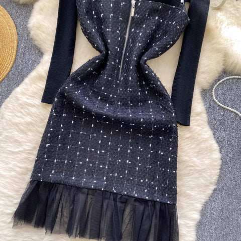 Mesh Patchwork Slip Dress & Sweater 2Pcs