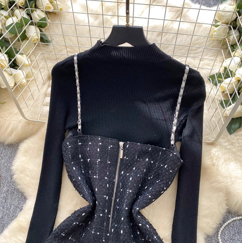 Mesh Patchwork Slip Dress & Sweater 2Pcs