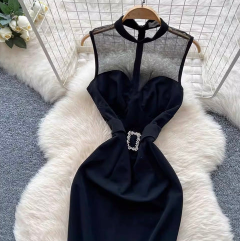 Elegant Black Mesh Fringed Dress