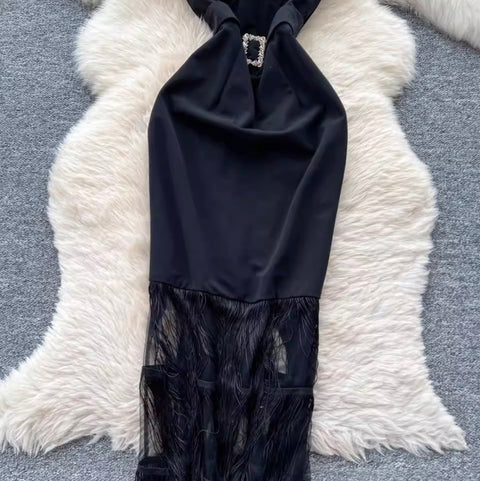 Elegant Black Mesh Fringed Dress