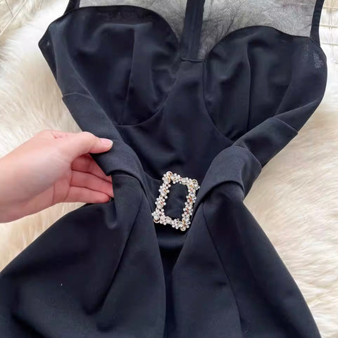 Elegant Black Mesh Fringed Dress