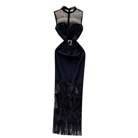 Elegant Black Mesh Fringed Dress