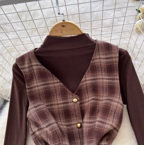 Plaid Sleeveless Dress & Sweater 2Pcs