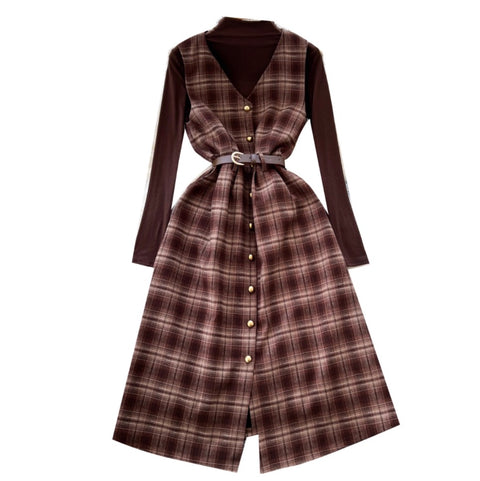 Plaid Sleeveless Dress & Sweater 2Pcs