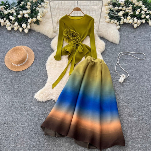 3D Ruffled Top & Gradient Skirt 2Pcs