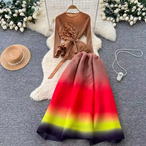 3D Ruffled Top & Gradient Skirt 2Pcs