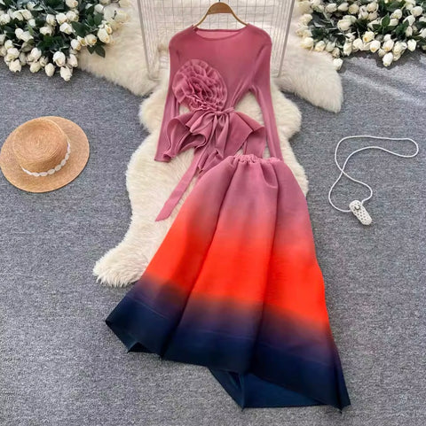 3D Ruffled Top & Gradient Skirt 2Pcs