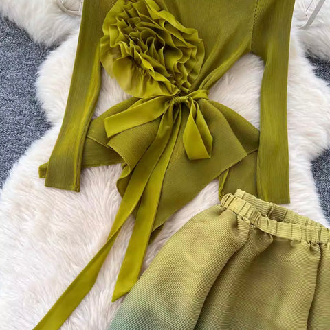 3D Ruffled Top & Gradient Skirt 2Pcs