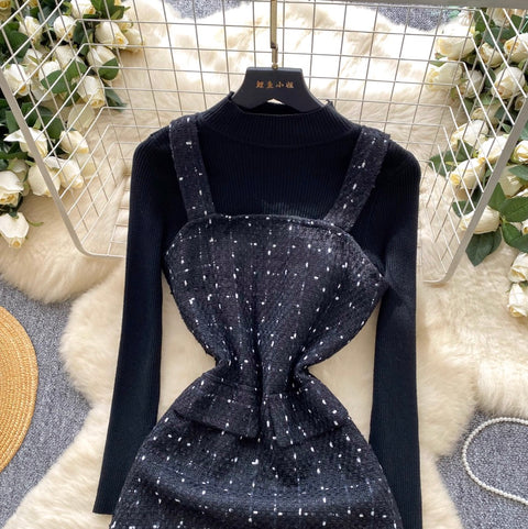 Tweed Slip Dress & Sweater 2Pcs