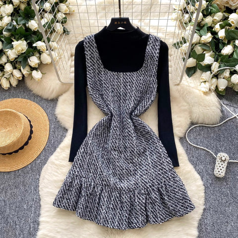 Tweed Vest Dress & Sweater 2Pcs