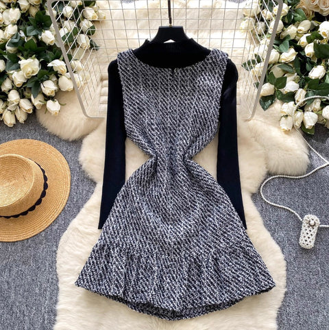 Tweed Vest Dress & Sweater 2Pcs