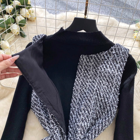 Tweed Vest Dress & Sweater 2Pcs