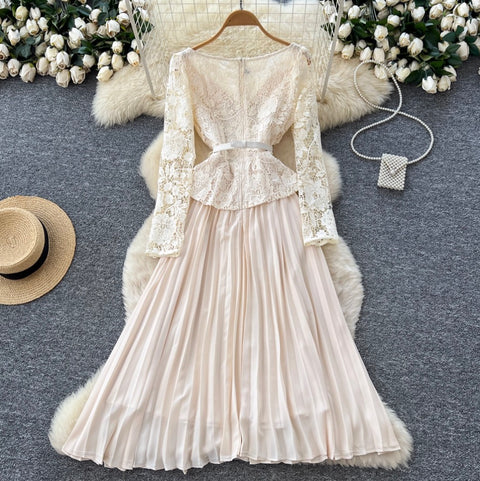 Lapeled Lace Patchwork Pleated Dress