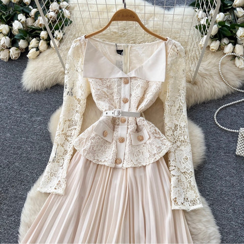 Lapeled Lace Patchwork Pleated Dress