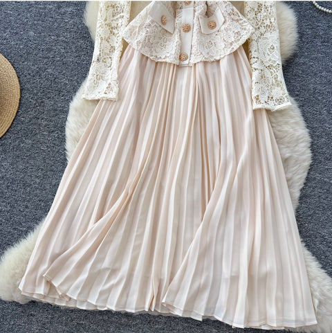 Lapeled Lace Patchwork Pleated Dress